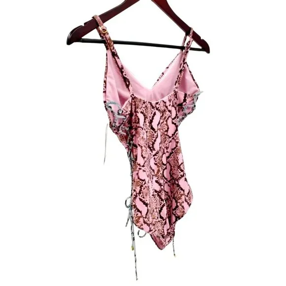 Rachel Roy S Corset Laced Side Pink Snake Python Swimsuit One-piece Swimwear